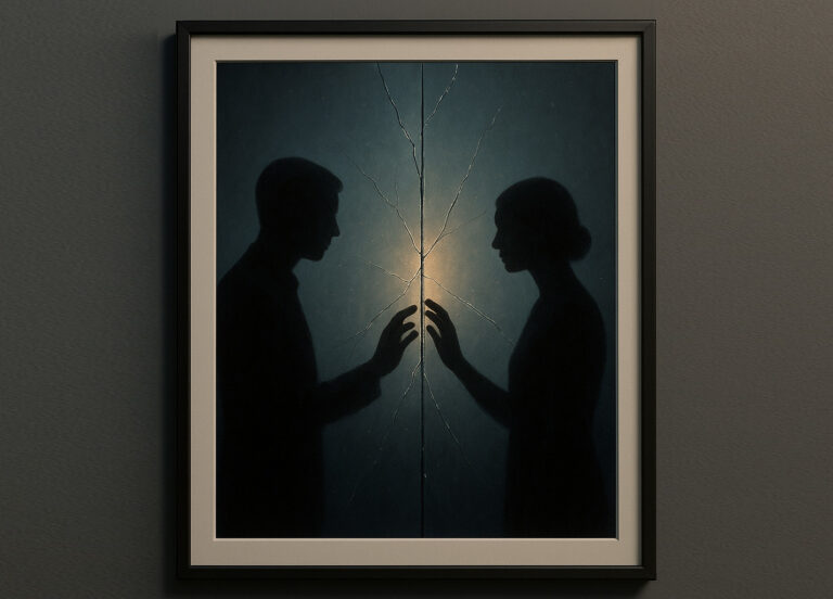 two people face to face, a crack in glass separates them